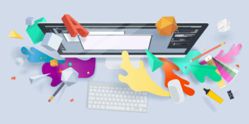 Computer with logos, colors, design tools graphic