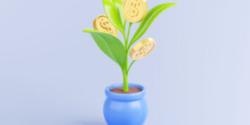 Potted plant with coins graphic.