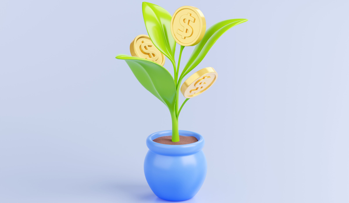 Potted plant with coins graphic.