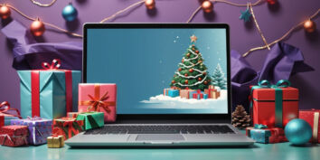 Laptop with holiday gifts surrounding it.